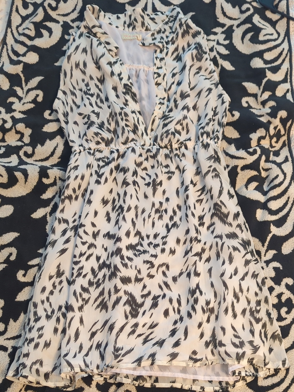 Pins and Needles Black Brushstroke Print Chiffon Button Up Dress M Empire Waist